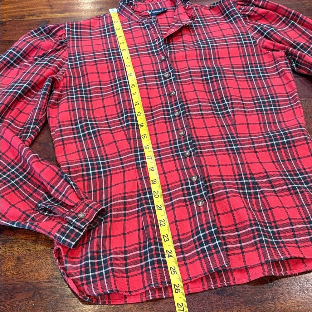 Vintage Ralph Lauren Red and Black Plaid Button-Front Puff Sleeve Top size 8